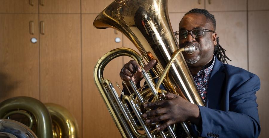 Dr. Clayton Maddox, assistant professor of music, in his office at the Laidlaw Performing Arts Center.